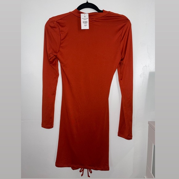 Burnt Orange, Key-hole, high neck, long sleeve, ruched, drawstring Bodycon dress - Picture 2 of 3